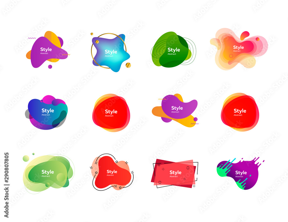 Set of colorful abstract style elements. Dynamical liquid shapes for banners. Trendy minimal templates for presentations, banners, apps and web pages. Vector illustration - obrazy, fototapety, plakaty 