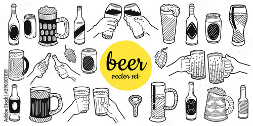 Hand drawn beer elements. Set for menu decoration, websites, banners, presentations, backgrounds, posters, blogs and social networks. Vector illustration.