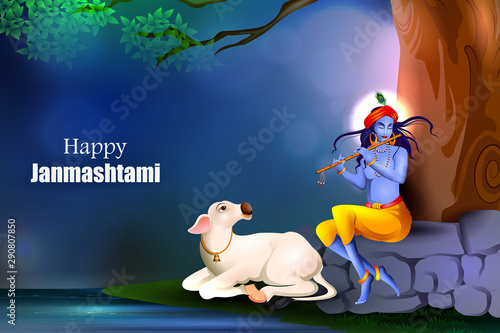 easy to edit vector illustration of Lord Krishna playing flute on Happy Janmashtami holiday Indian festival greeting background photo