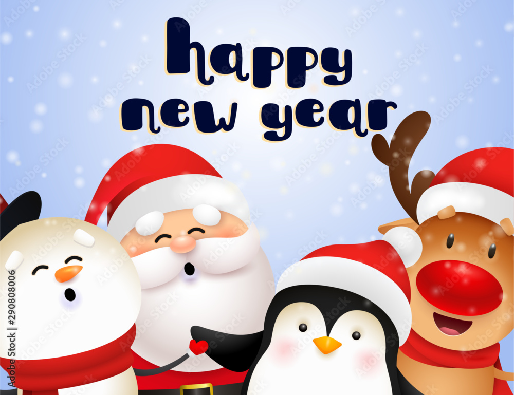 New Year postcard design with cute Santa, reindeer, penguin and snowman singing and having fun on blue background. Vector illustration for Christmas posters, greeting and invitation card templates New Year postcard design with cute Santa, reindeer, penguin and snowman singing and having fun on blue background. Vector illustration for Christmas posters, greeting and invitation card templates