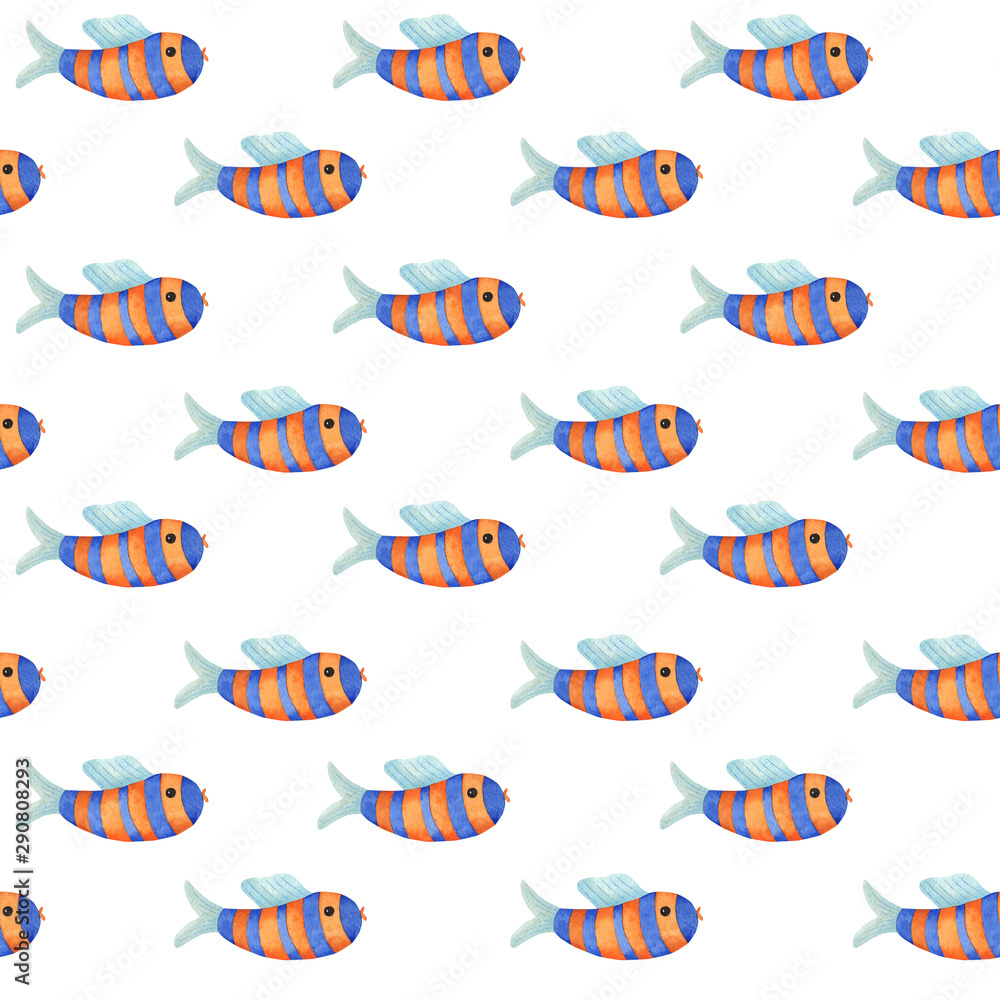 Seamless pattern with colorful watercolor fishes. Hand-drawn watercolor elements. Sea life. Underwater.