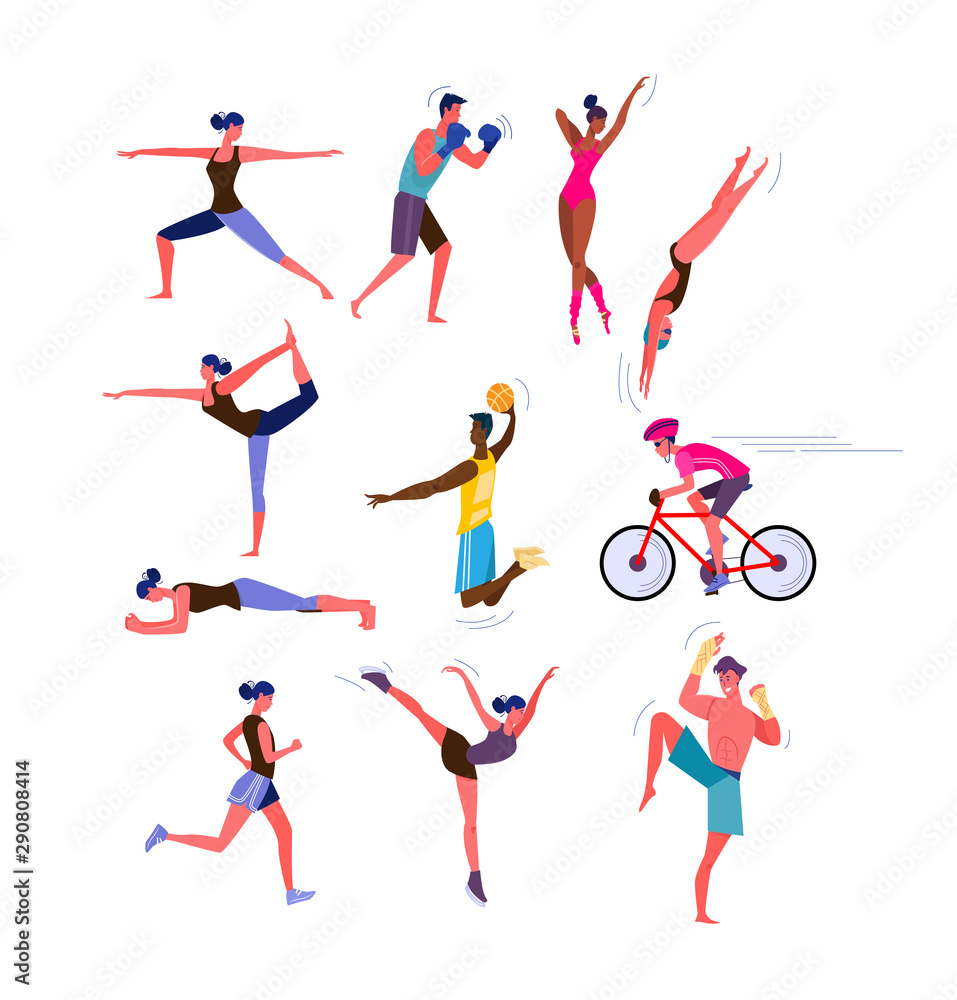 Set of men and women doing sports. Group of people doing different sports. Sport concept. Vector illustration can be used for presentation, project, webpage Set of men and women doing sports. Group of people doing different sports. Sport concept. Vector illustration can be used for presentation, project, webpage