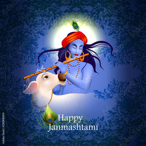 easy to edit vector illustration of Lord Krishna playing flute on Happy Janmashtami holiday Indian festival greeting background
