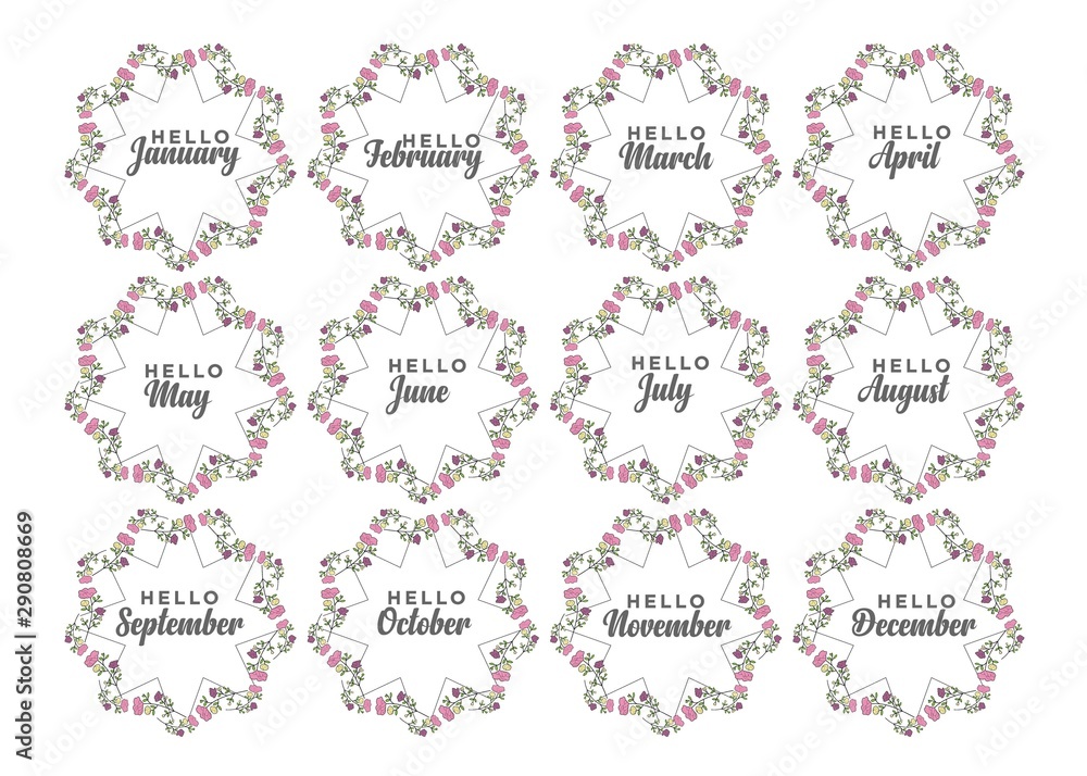flower form with month names: December, January, February, March, April, May, June, July, August September October November Calligraphy words for calendar and organizer Vector illustration flower form with month names: December, January, February, March, April, May, June, July, August September October November Calligraphy words for calendar and organizer Vector illustration