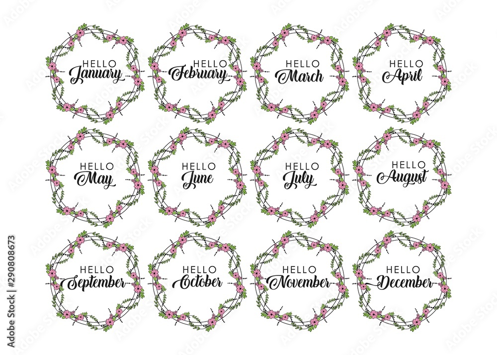 flower form with month names: December, January, February, March, April, May, June, July, August September October November Calligraphy words for calendar and organizer Vector illustration flower form with month names: December, January, February, March, April, May, June, July, August September October November Calligraphy words for calendar and organizer Vector illustration