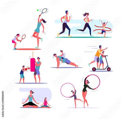Set of families exercising. Parents and children doing different sports together. Healthy family concept. Vector illustration can be used for presentation, project, webpage