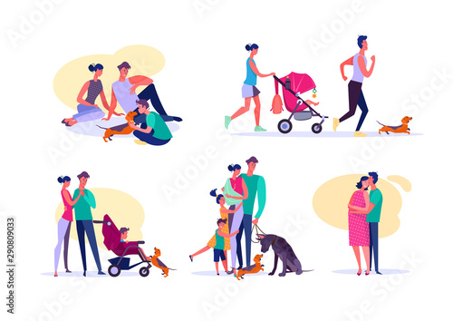 Set of happy families. Parents and children enjoying time together. Happy family concept. Vector illustration can be used for presentation  project  webpage