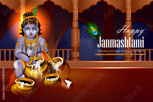 easy to edit vector illustration of Lord Krishna eating makhan cream on Happy Janmashtami holiday Indian festival greeting background