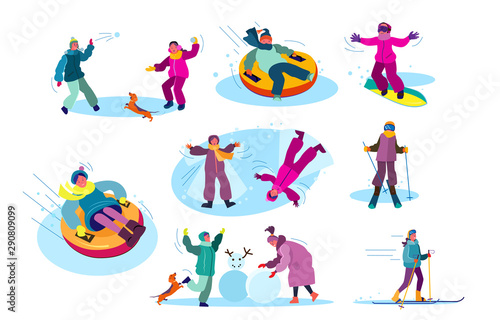 Set of people playing winter games. Group of children and parents spending time outdoors. Winter holidays concept. Vector illustration can be used for presentation, project, webpage