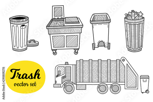 Collection of trash elements. World ecology problem concept. Hand drawn sketch isolated on a white. Vintage vector engraving illustration for poster, web.