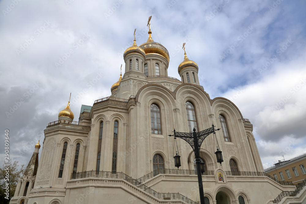 Exterior of the christian orthodox church of the Sretensky monastery. Moscow, Russia