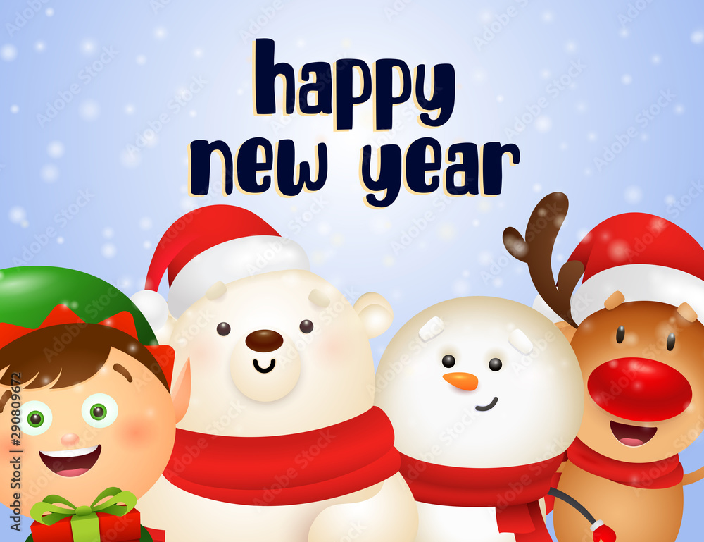 New Year postcard design with cartoon reindeer, elf, snowman and polar bear holding gifts on blue background. Vector illustration for Christmas posters, greeting and invitation card templates
