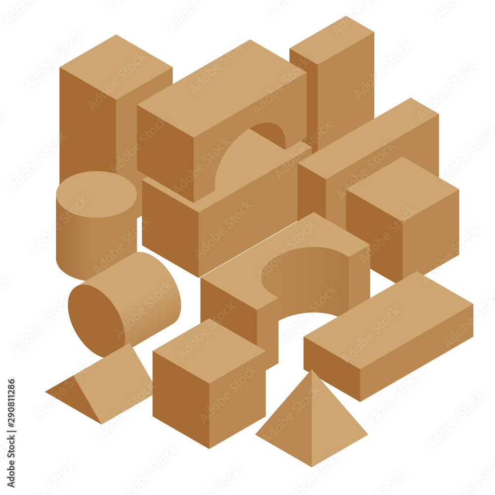Isometric set of the wooden constructor of small cubes, triangles, balls and other forms isolated on a white background. Playing building blocks toys. Isometric set of the wooden constructor of small cubes, triangles, balls and other forms isolated on a white background. Playing building blocks toys.
