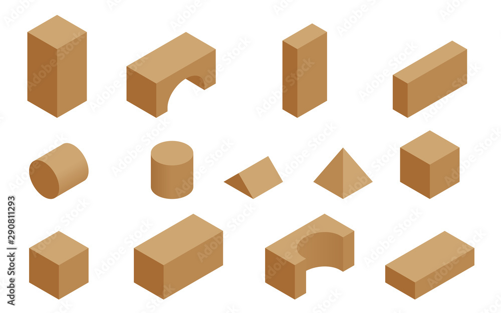 Isometric set of the wooden constructor of small cubes, triangles, balls and other forms isolated on a white background. Playing building blocks toys. Isometric set of the wooden constructor of small cubes, triangles, balls and other forms isolated on a white background. Playing building blocks toys.