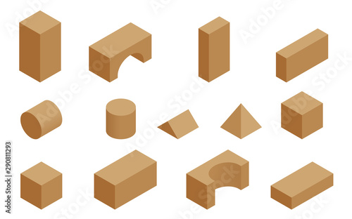 Isometric set of the wooden constructor of small cubes, triangles, balls and other forms isolated on a white background. Playing building blocks toys.