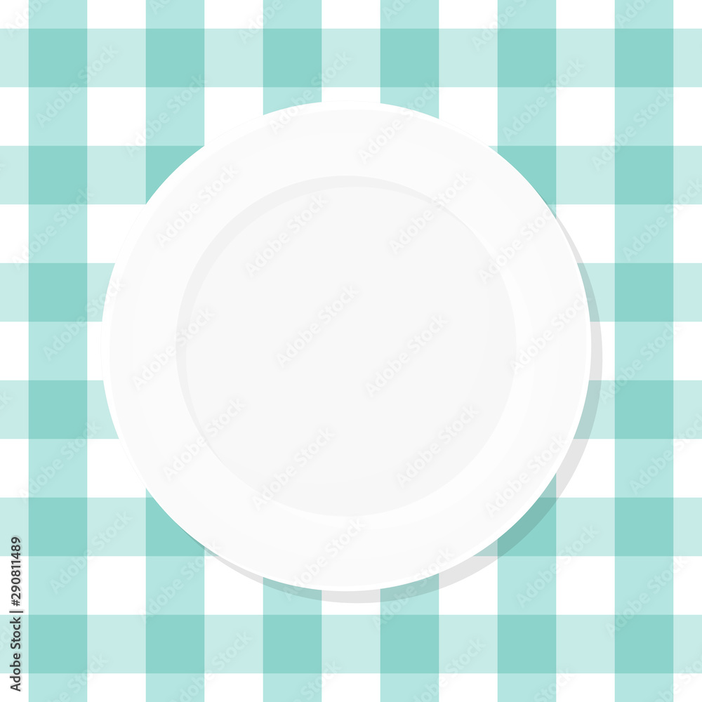 White empty plate on blue checkered tablecloth. Top view. Vector illustration, flat design White empty plate on blue checkered tablecloth. Top view. Vector illustration, flat design