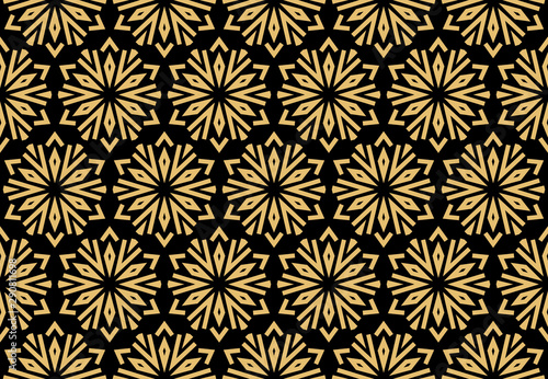 Abstract geometric pattern with lines, snowflakes. A seamless vector background. Gold and black texture. Graphic modern pattern