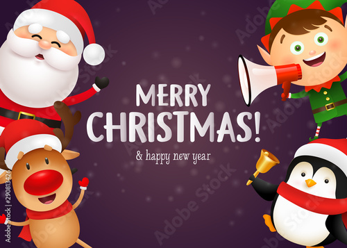Christmas postcard design with cute reindeer, penguin, elf and Santa holding megaphone and bell on purple background. Vector illustration for New Year poster, greeting card, party invitation templates