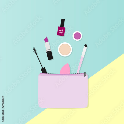 Makeup bag with beauty products. Makeup case with colorful background. Vector illustration, flat design