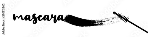 Black mascara applicator. Dirty brush stroke and text. Vector illustration, flat design