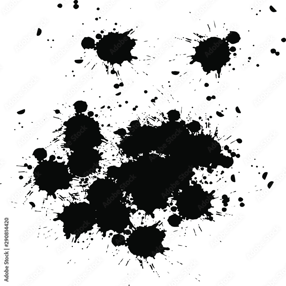 Black paint, ink splash, brushes ink droplets, blots. Black ink splatter grunge, isolated on white. Vector illustration