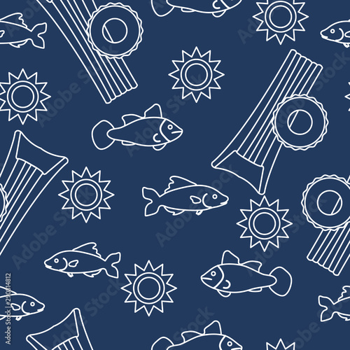 Pattern with fish, sun, inflatable mattress.