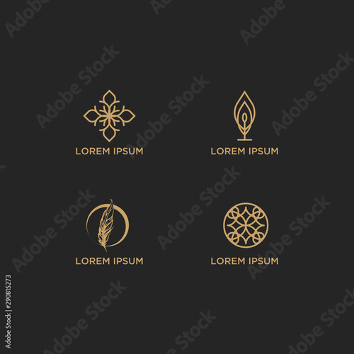 Vector set of logo design templates and emblems in trendy linear style in golden colors on black background - floral and natural cosmetics concepts and alternative medicine symbols