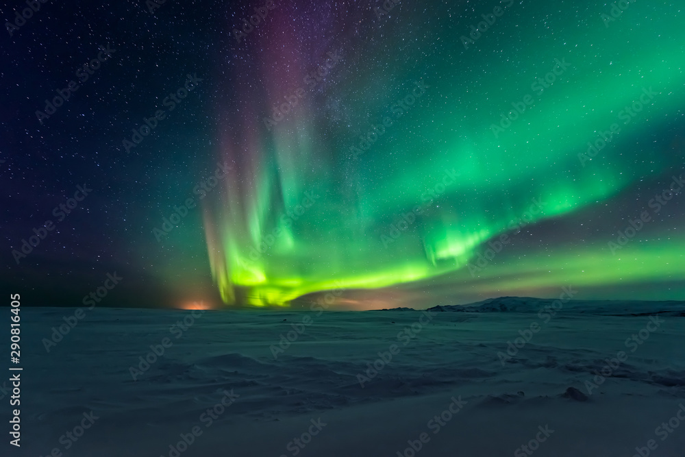 Northern lights aurora borealis in the winter  - obrazy, fototapety, plakaty 
