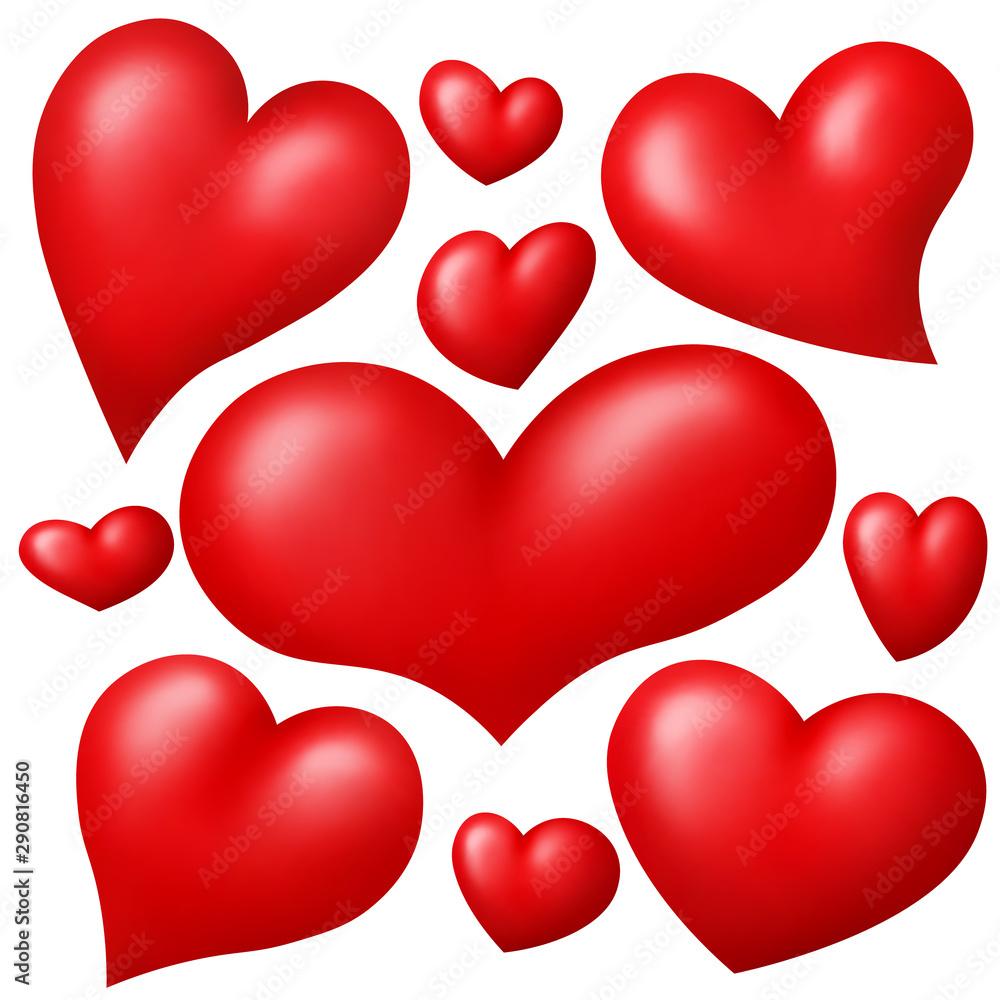 3d realistic cartoon red hearts set isolated on white background 3d realistic cartoon red hearts set isolated on white background