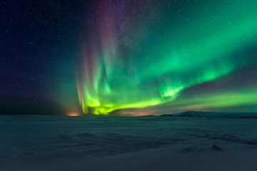 Leinwandbilder Nordlichter Aurora Borealis im verschneiten Winter  © surangaw