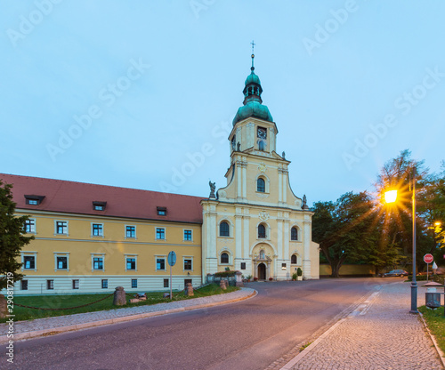 monastery and palace complex in Poland in the evening.