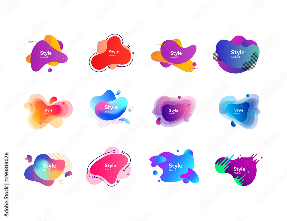Set of multi-colored flowing liquid abstract graphic elements. Dynamical colored forms. Gradient banners with flowing liquid shapes. Template for design of logo, flyer or presentation Set of multi-colored flowing liquid abstract graphic elements. Dynamical colored forms. Gradient banners with flowing liquid shapes. Template for design of logo, flyer or presentation