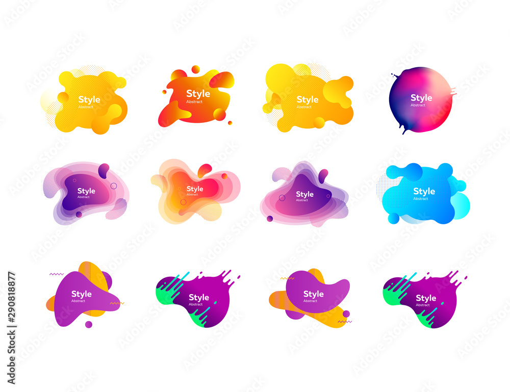 Set of bright creative graphic elements. Dynamical colored forms. Gradient banners with flowing liquid shapes. Template for design of logo, flyer or presentation. Vector illustration