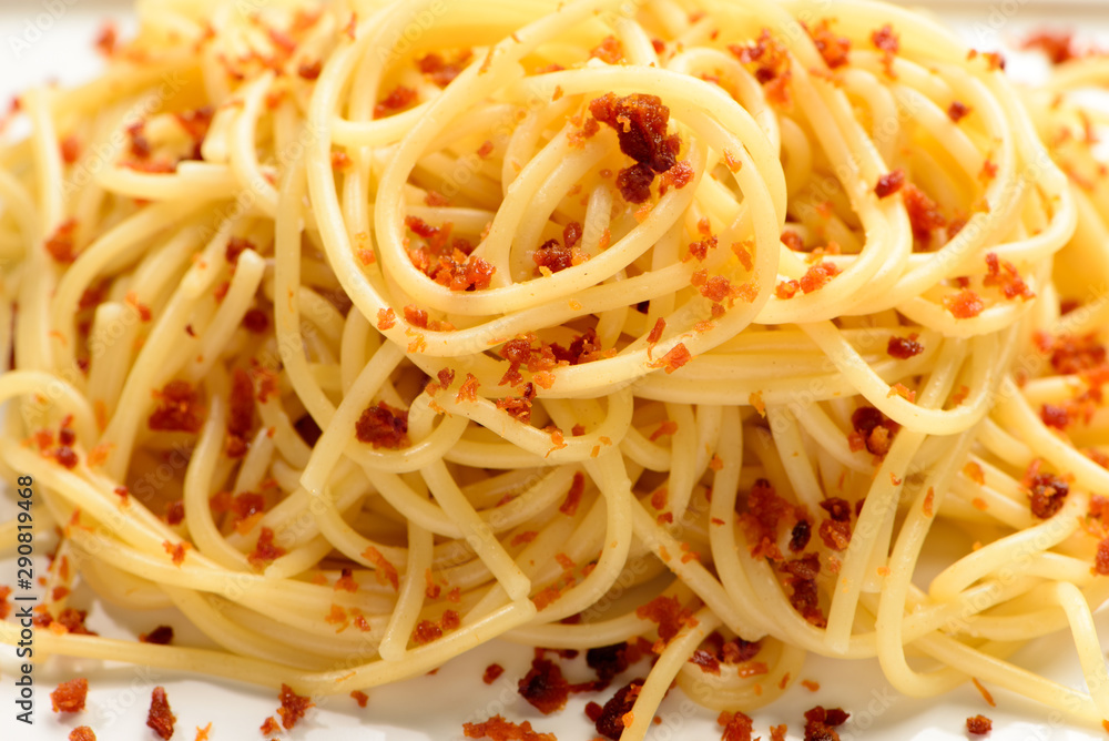 plate with spaghetti and bacon plate with spaghetti and bacon