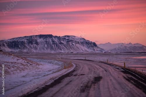 Beautiful sunset and mountain landscape in Iceland