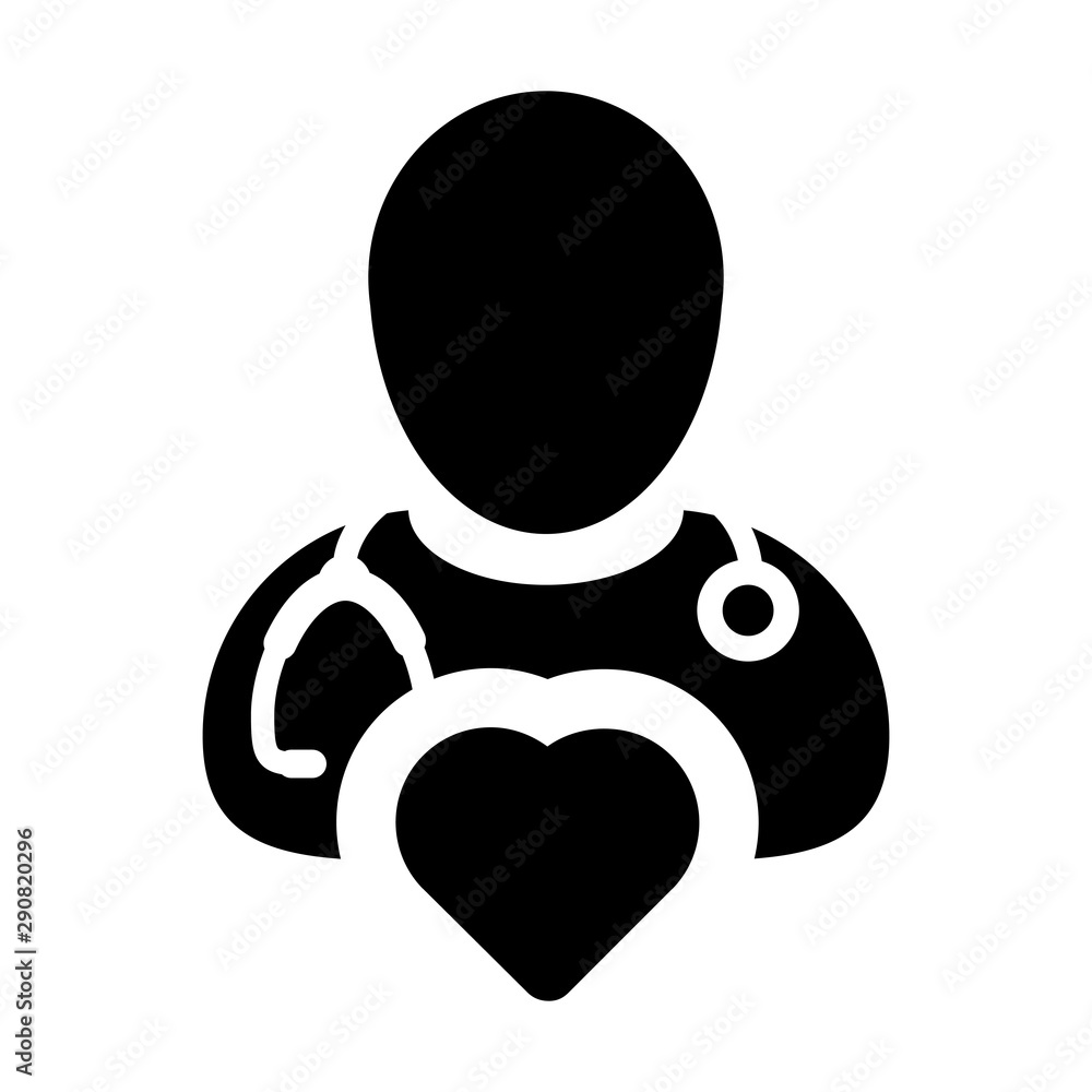 Medical icon vector male doctor person profile avatar with stethoscope and heart symbol for cardiologist consultation in Glyph pictogram illustration Medical icon vector male doctor person profile avatar with stethoscope and heart symbol for cardiologist consultation in Glyph pictogram illustration
