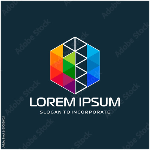 Number 1 one and hexagon logo design, with colorful triangle pixel , technology digital concept - Vector