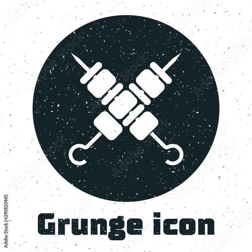 Grunge Crossed grilled shish kebab on skewers stick icon isolated on white background. Meat kebab on skewers stick. Picnic with grill meat. Vector Illustration