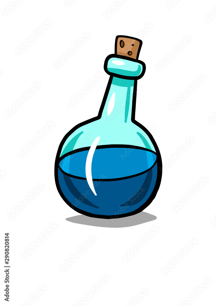 Bottle with potion. Game icon of magic elixir. Blue potion flat icon. Mana or magic elixir. Vector illustration isolated on white background. Bottle with potion. Game icon of magic elixir. Blue potion flat icon. Mana or magic elixir. Vector illustration isolated on white background.