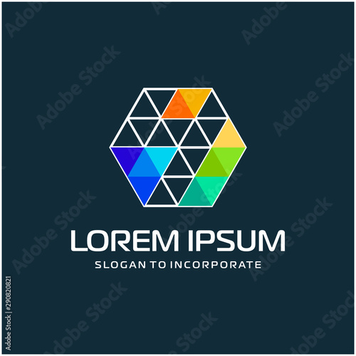 Number 4 four and hexagon logo design, with colorful triangle pixel , technology digital concept - Vector