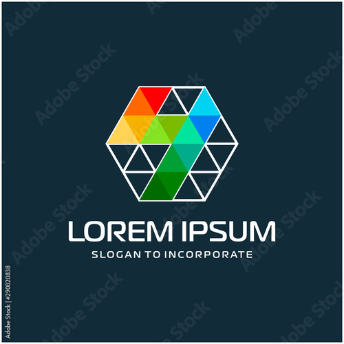 Number 4 four and hexagon logo design, with colorful triangle pixel , technology digital concept - Vector