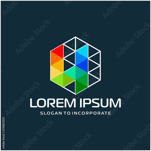 Number 4 four and hexagon logo design, with colorful triangle pixel , technology digital concept - Vector