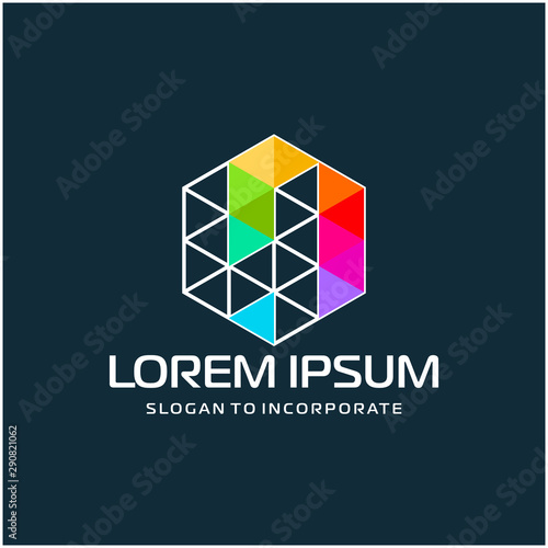 Number 4 four and hexagon logo design, with colorful triangle pixel , technology digital concept - Vector