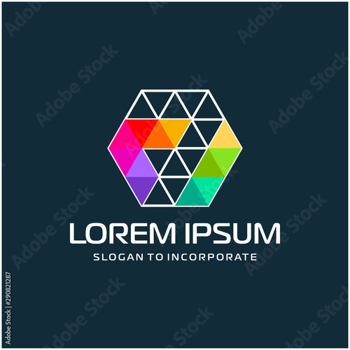 Number 7 seven and hexagon logo design, with colorful triangle pixel , technology digital concept - Vector
