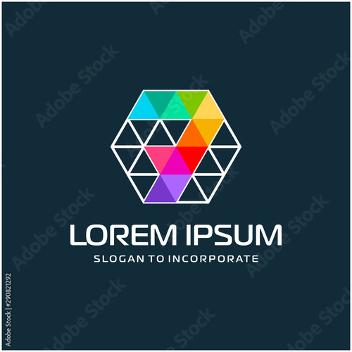 Number 7 seven and hexagon logo design, with colorful triangle pixel , technology digital concept - Vector