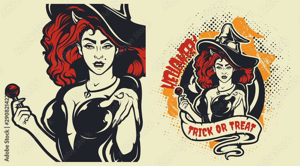 Obraz premium Vector Halloween illustration with witch.