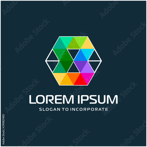 Number 8 eight and hexagon logo design, with colorful triangle pixel , technology digital concept - Vector