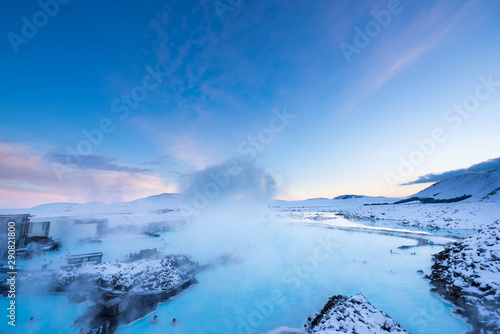 Fototapeta Naklejka Na Ścianę i Meble -  Beautiful landscape and sunset Blue lagoon hot spring spa in Iceland 