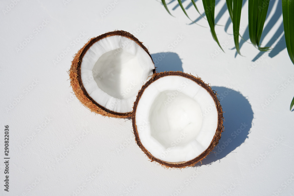 Halved ripe coconut on white background in direct sunlight, with tropical leaf in top right corner Halved ripe coconut on white background in direct sunlight, with tropical leaf in top right corner