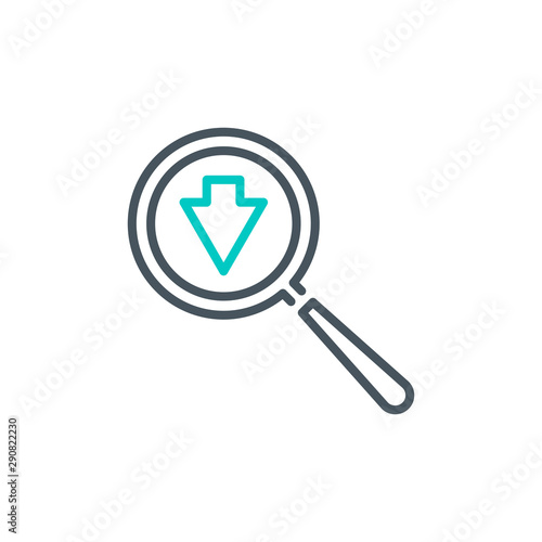 down arrow cursor with magnifier glass outline flat icon. Single quality outline logo search symbol for web design mobile app. Thin line design logo sign. Loupe lens icon isolated on white background.